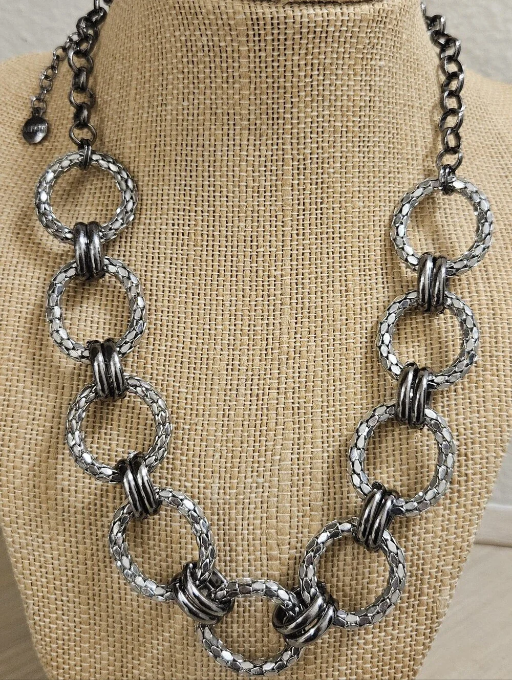 Alfani Necklace Silver Black Gunmetal Woven Loop Circle Links Modern Chain